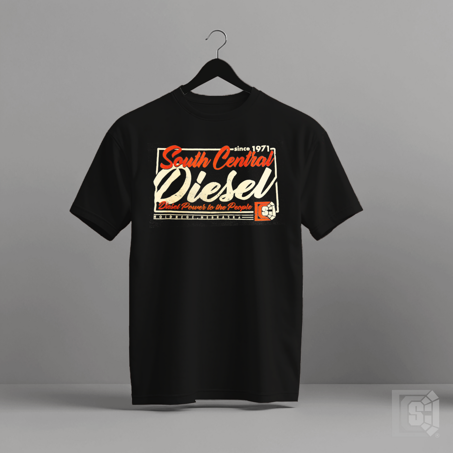 Black t-shirt with 'South Central Diesel' graphic on a hanger against a gray background