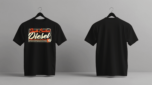 Black t-shirt with a logo on a gray background